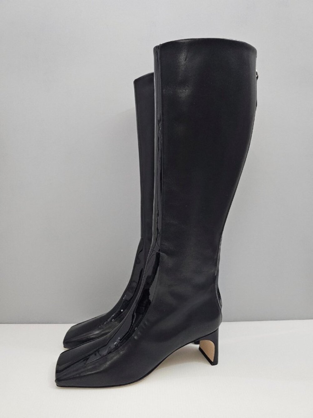 Aeyde Morgane Knee High Boots Womens EU 41 Black Leather Square Toe Patent Trim